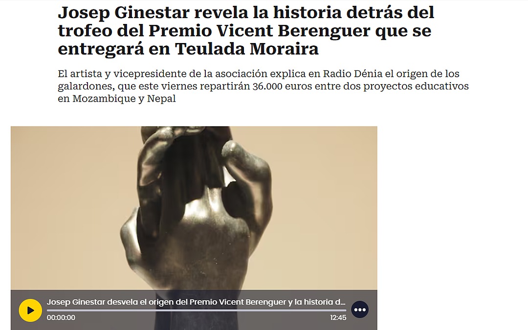 Josep Ginestar revela la historia detrás del trofeo del Premio Vicent Berenguer que se entregará en Teulada Moraira